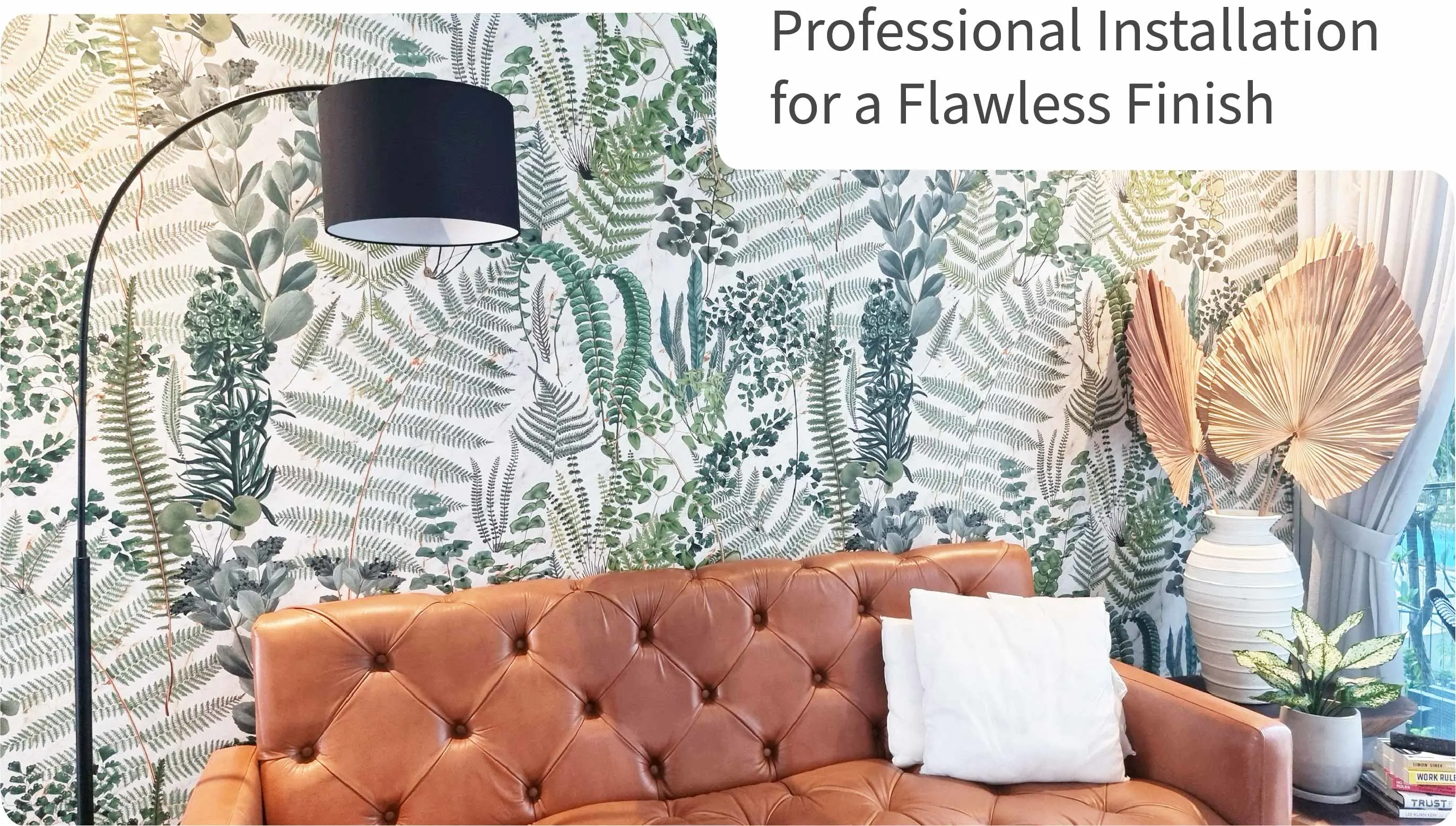 Beautiful Living Room Transformation with Leaf Background